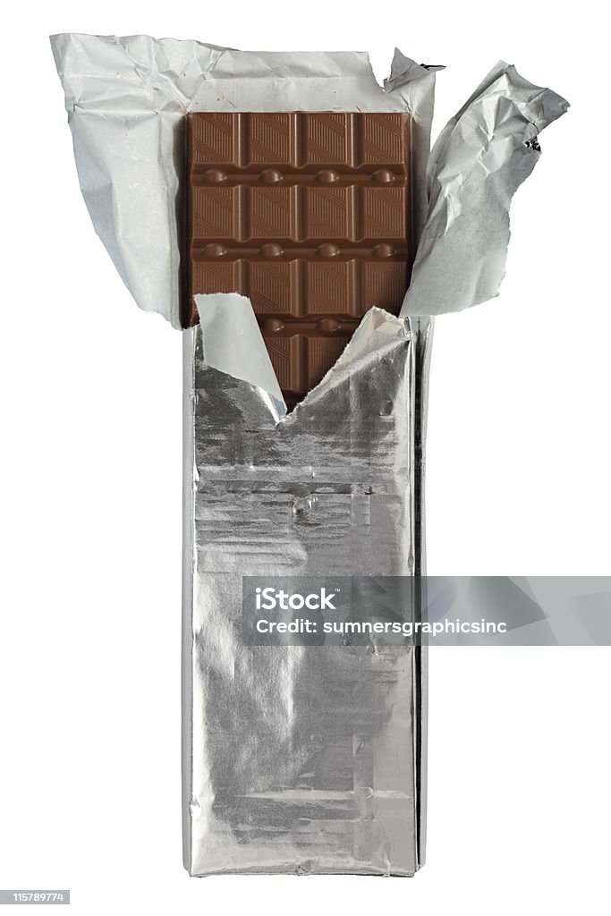A picture of chocolate wrapped in foil A photo of a large bar of milk chocolate. Clipping path included. Chocolate Bar Stock Photo