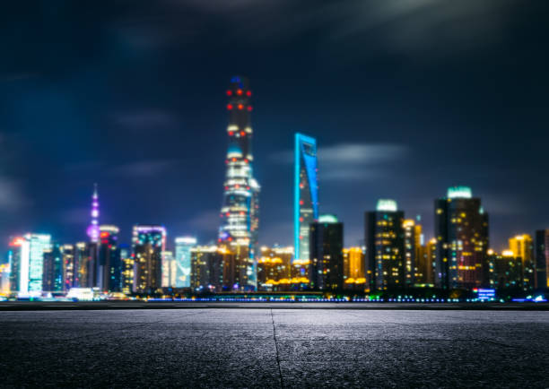 empty square front of bokeh city skyline,shanghai,china,asia.