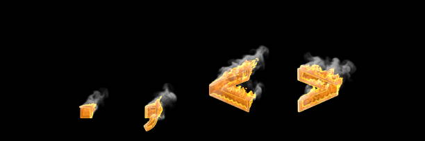 istock Fantasy magic creative alphabet, infernal fire and smoke period (full stop) comma and more or less signs isolated on white color - 3D illustration of symbols 1157899138