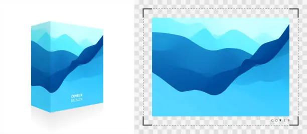 Vector illustration of Realistic packaging box. Product packing. Blue abstract background. Realistic landscape with waves. 3d vector Illustration for software.