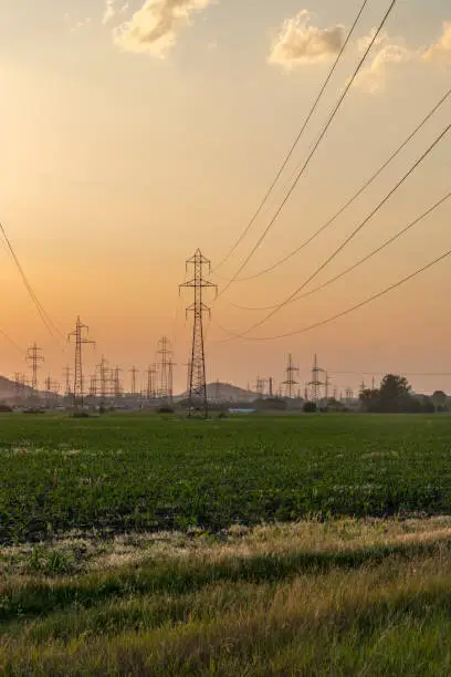 Amazing sunset Landscape of High-voltage power lines in the land around city of Plovdiv, Bulgaria