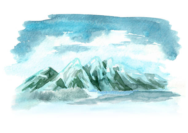 istock Landscape with snowy mountains. Watercolor hand drawn illustration, isolated on white background 1157901451