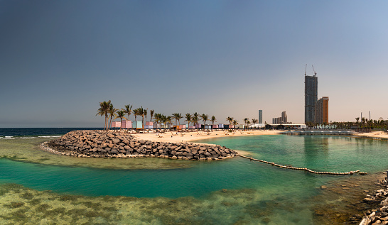 The Jeddah Corniche is the 30 km coastal resort area of the city of Jeddah. Located along the Red Sea, the corniche features a coastal road, recreation areas, pavilions and large-scale civic sculptures — as well as King Fahd's Fountain, the highest fountain in the world.