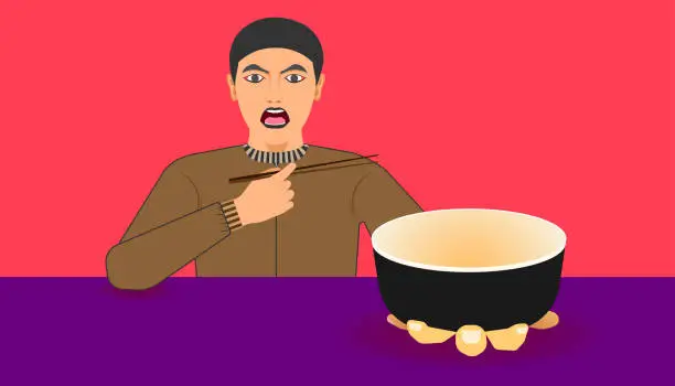 Vector illustration of free space on cup for your food promotion. a man show a ware for meal recommended on left hand and right holding the chopsticks. vector illustration eps10