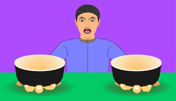 Vector illustration of free space on cup for your food promotion. a man show two ware for meal recommended. vector illustration eps10