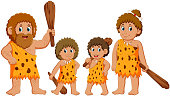 illustration of the caveman family is posing and smiling