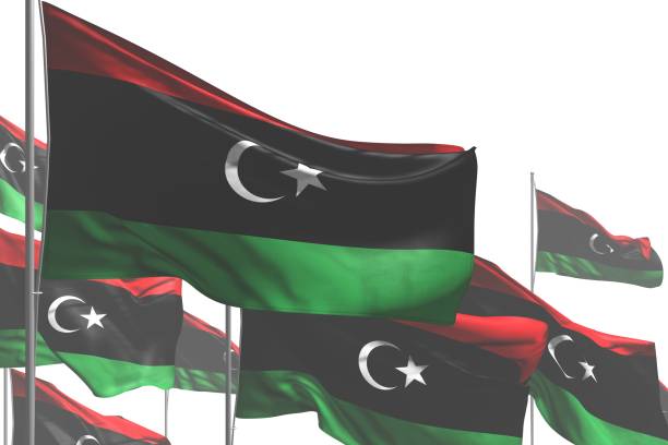 istock nice many Libya flags are waving isolated on white - any occasion flag 3d illustration 1157905004