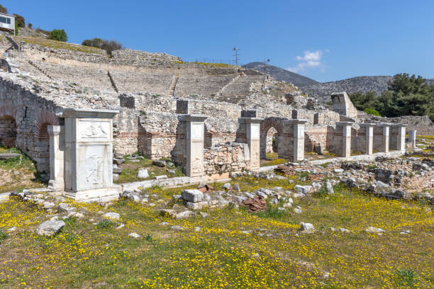 Ruins of The ancient theater in the Antique site of Philippi, Eastern Macedonia and Thrace, Greece Ruins of The ancient theater in the Antique site of Philippi, Greece greek amphitheater stock pictures, royalty-free photos & images
