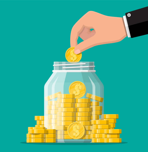 Glass money jar full of gold coins and hand. Glass money jar full of gold coins and hand. Saving dollar coin in moneybox. Growth, income, savings, investment. Symbol of wealth. Business success. Flat style vector illustration. deposit bottle stock illustrations