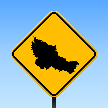 Belle Ile map on road sign. Square poster with Belle Ile island map on yellow rhomb road sign. Vector illustration.