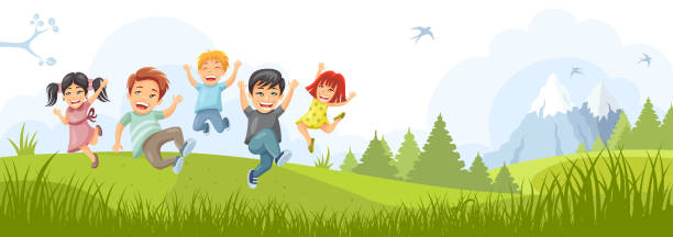 illustrations, cliparts, dessins animés et icônes de enfants heureux sautant ensemble. - fun sport teenager laughing