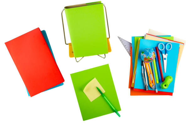 cancelleria colorata, libri di testo e quaderni - ruler ballpoint pen pen isolated foto e immagini stock