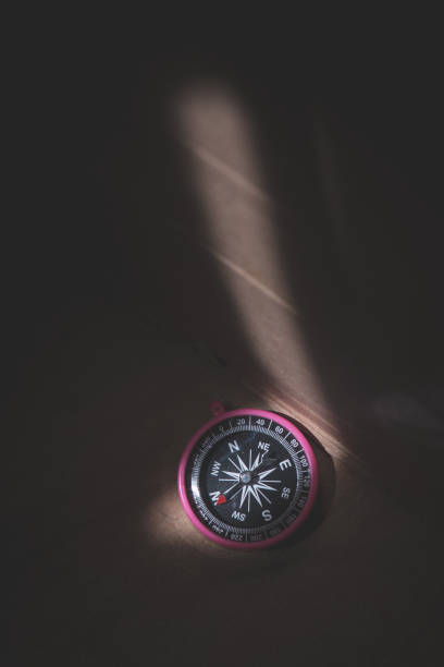 istock Compass on the dark wood surface with a light spot 1157912102