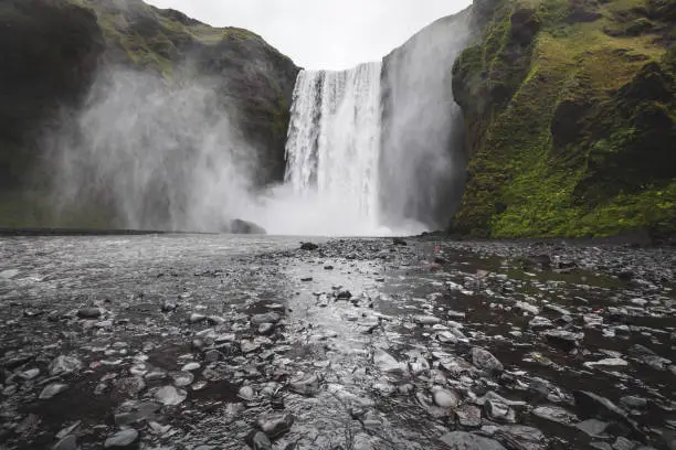 Photo of Skogafoss Iceland famous waterfall. Powerful stream, dramatic view with nobody. Icelandic golden ring main  landmark.