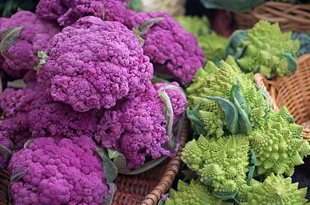 Baskets of purple cauliflower and green romanesco cauliflower at the farmer's market.   More Farmer's Market Images 