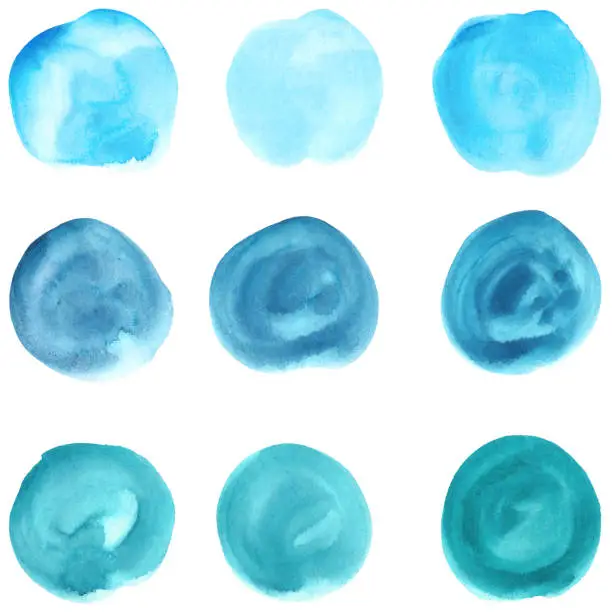Vector illustration of Set of watercolor stain. Spots on a white background. Watercolor texture with brush strokes. Blue, turquoise. Sea, sky. Circle. Isolated. Vector.