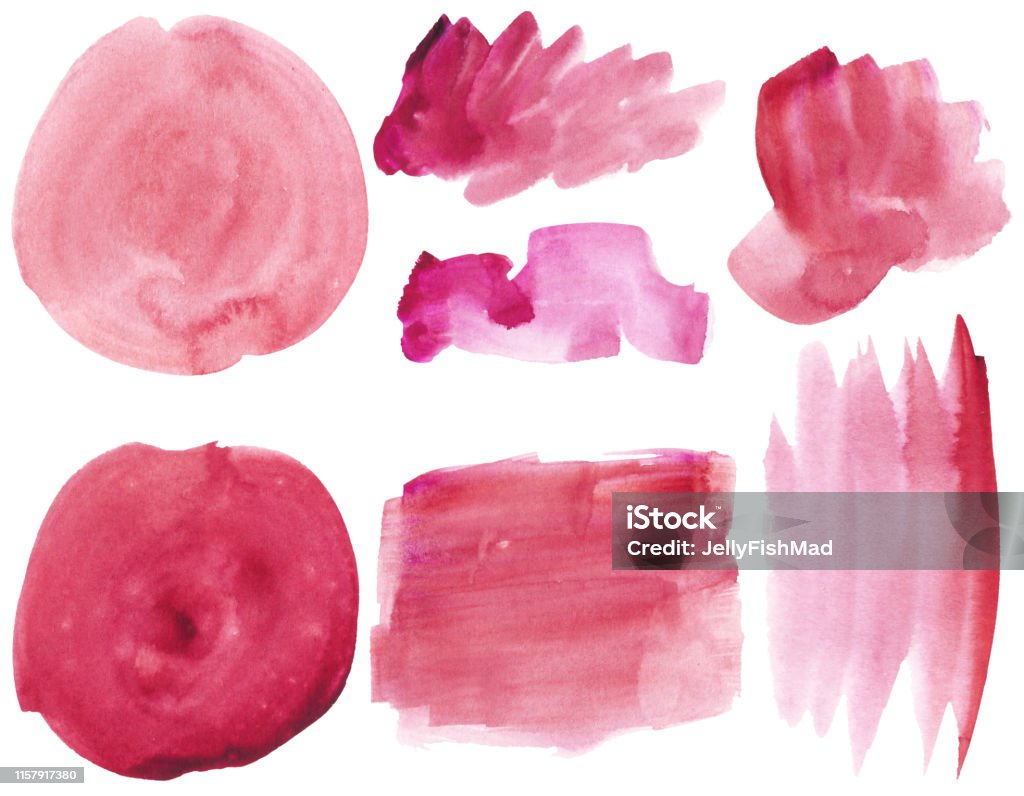 Set of watercolor stain. Spots on a white background. Watercolor texture with brush strokes. Round, rectangle, spot. Red, pink. Peach, coral. Vector. Isolated. Set of watercolor stains, vector Maroon stock vector