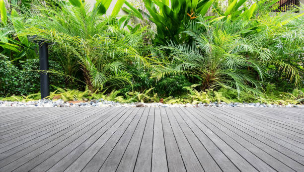 Wooden walkway of tropical garden Wooden walkway of tropical garden ornamental garden palm tree bush flower stock pictures, royalty-free photos & images