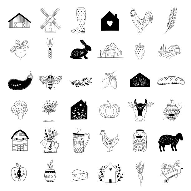 ilustraciones, imágenes clip art, dibujos animados e iconos de stock de icono de granja dibujado a mano establecido en estilo doodle - animal husbandry illustrations