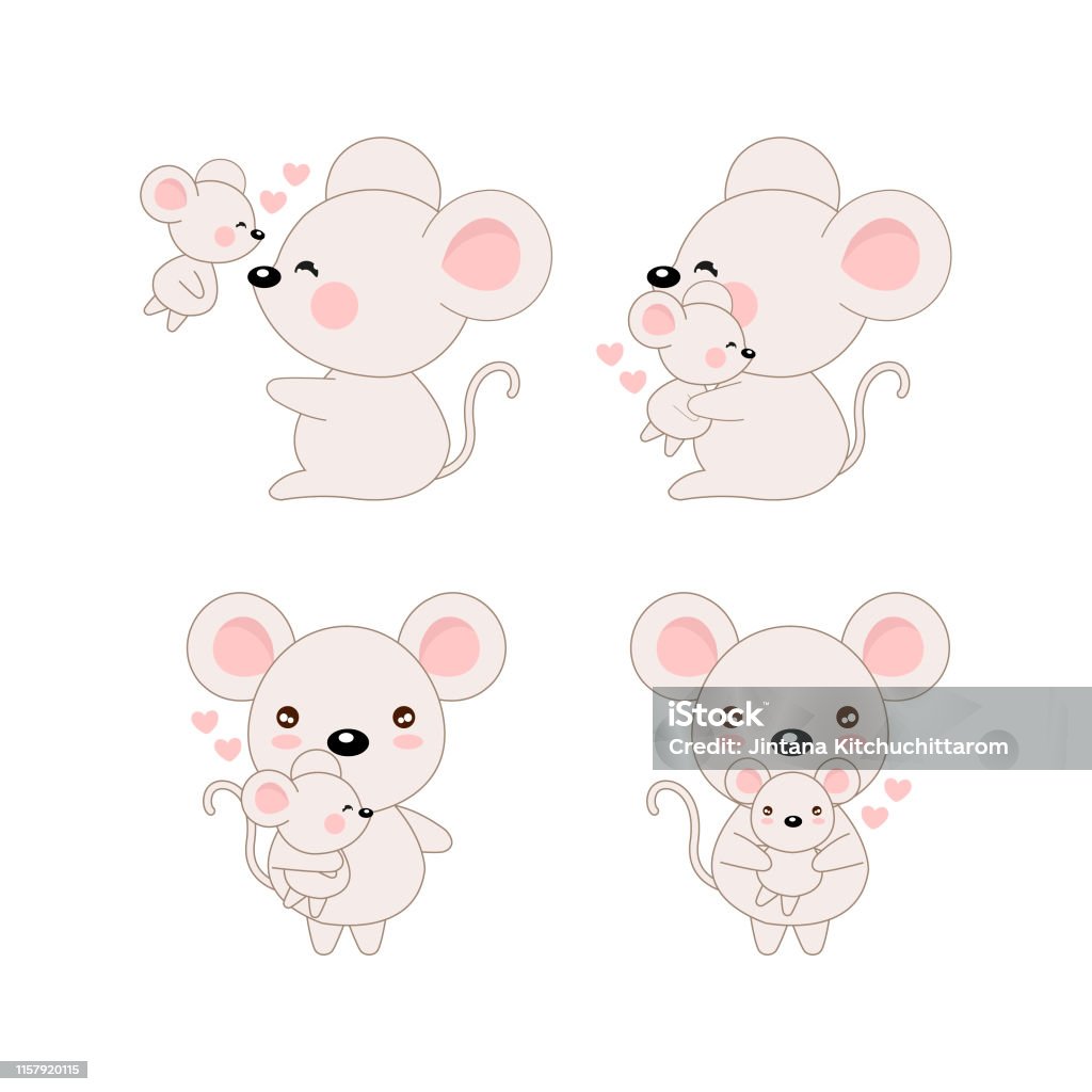 Set of mouse and baby with heart. Cartoon style. Animal stock vector