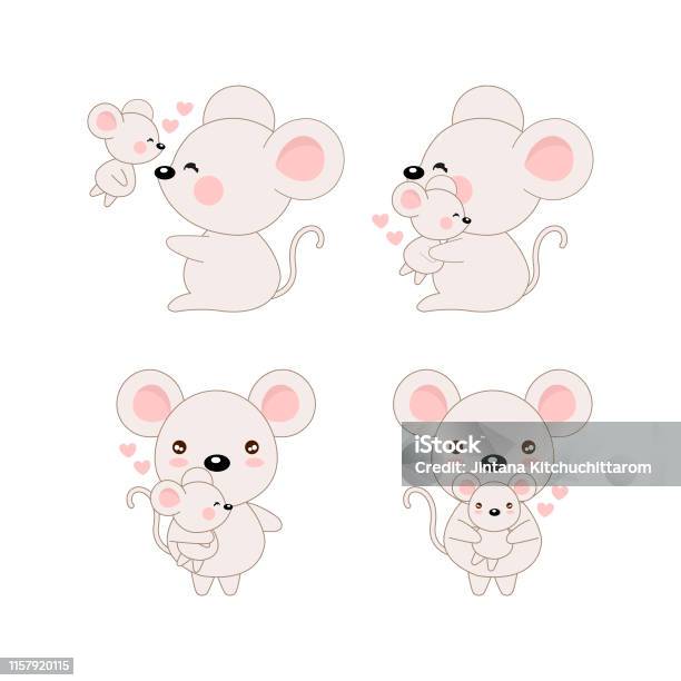 Set Of Mouse And Baby With Heart Cartoon Style Stock Illustration - Download Image Now - Animal, Animal Body Part, Animal Head