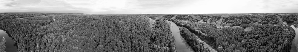 Panoramic aerial view of forest and river at dusk.