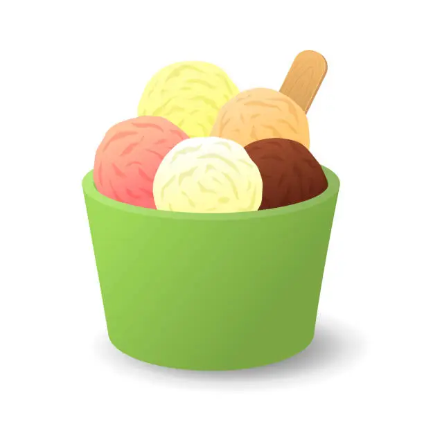 Vector illustration of Vanilla, sunday, chocolate and strawberry ice cream in a bucket.