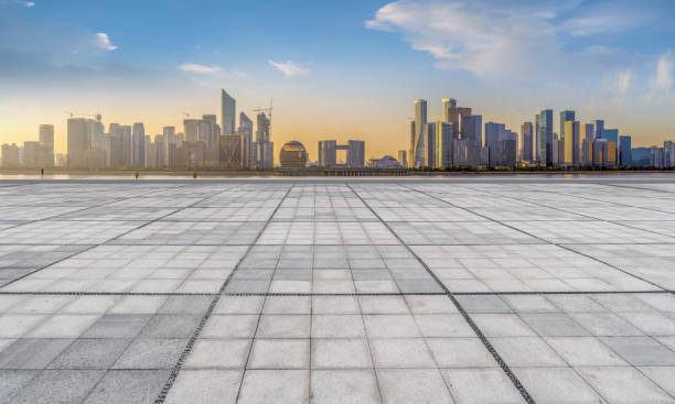 istock Empty Plaza Bricks and Hangzhou Architectural Landscape Skyline 1157921651