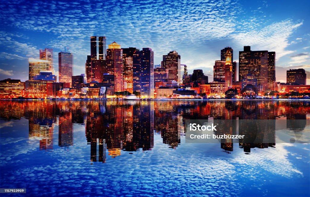 Boston City Sunset Boston City Sunset with Water Reflection Boston - Massachusetts Stock Photo