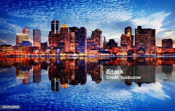 Boston City Sunset Stock Photo - Download Image Now - Boston - Massachusetts, Urban Skyline, Night