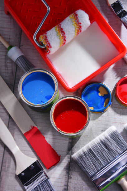 istock Paintbrushes of different size and paint can 1157924383
