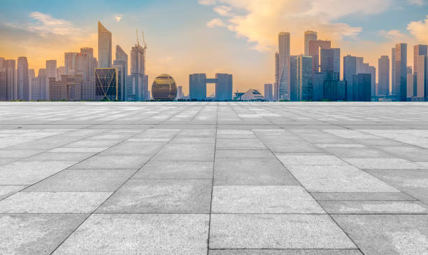 istock Empty Plaza Bricks and Hangzhou Architectural Landscape Skyline 1157926367