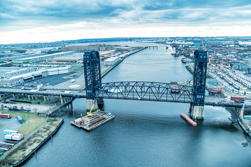 Bridge on Hackensack River, aerial view of Jersey City.