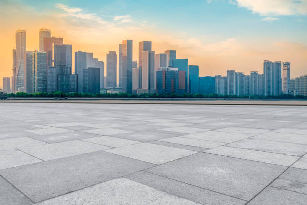 istock Empty Plaza Bricks and Hangzhou Architectural Landscape Skyline 1157928221
