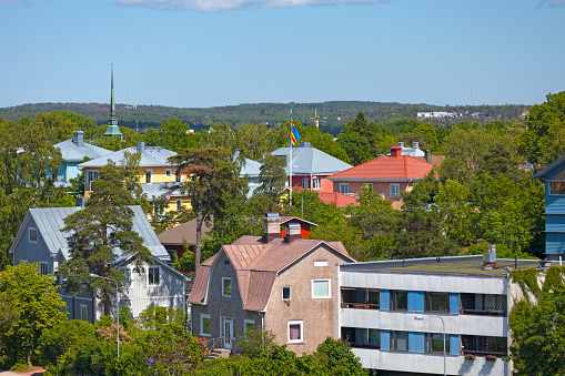 Aerial view of Mariehamn in Aland with the spire of St. George church (S:t Görans kyrka) in the background.