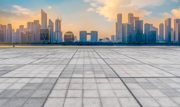 istock Empty Plaza Bricks and Hangzhou Architectural Landscape Skyline 1157930790