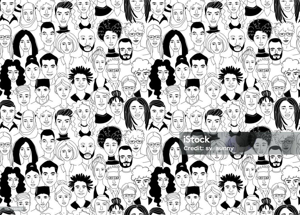 Decorative diverse women's men's head seamless pattern background. Multiethnic gruop Decorative diverse women's men's head seamless pattern background. Multiethnic team gruop crowd community. Hand drawn grunge line drawing doodle black and white vector illustration poster People stock vector