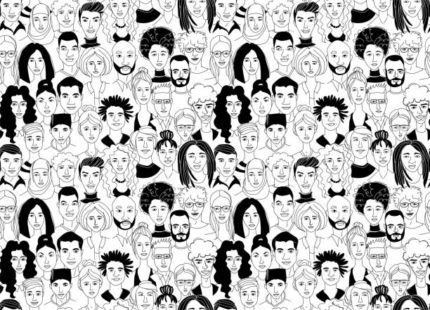 Decorative diverse women's men's head seamless pattern background. Multiethnic gruop Decorative diverse women's men's head seamless pattern background. Multiethnic team gruop crowd community. Hand drawn grunge line drawing doodle black and white vector illustration poster crowd of people drawings stock illustrations