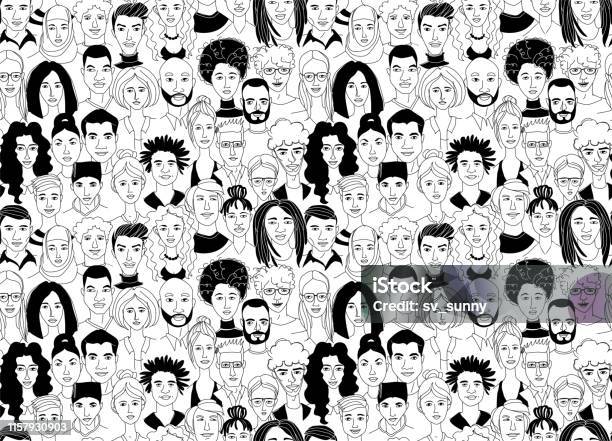 Decorative Diverse Womens Mens Head Seamless Pattern Background Multiethnic Gruop Stock Illustration - Download Image Now