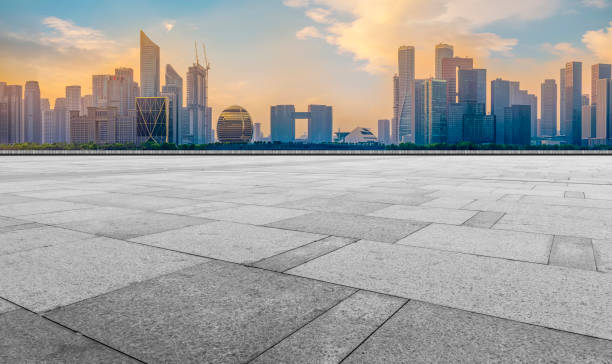 istock Empty Plaza Bricks and Hangzhou Architectural Landscape Skyline 1157931636