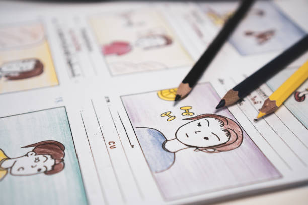 istock Creator drawing Story board movie video layout for pre-production, development cartoon illustration animation for process media films in form displayed script film production. Media product concept. 1157932442