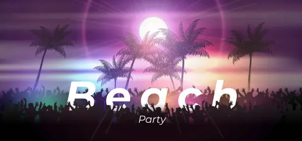 Vector illustration of Summer night beach party poster with crowd design