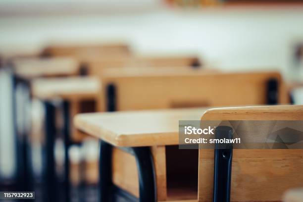 Back To School Concept School Empty Classroom Lecture Room With Desks And Chairs Iron Wood For Studying Lessons In Highschool Thailand Without Young Student Interior Of Secondary Education Stock Photo - Download Image Now