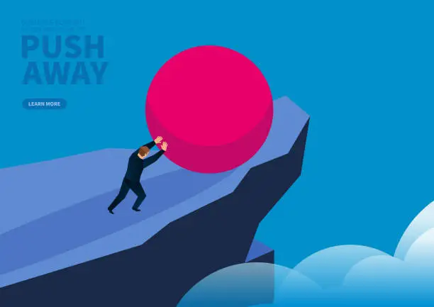 Vector illustration of Businessman pushes red ball down the cliff