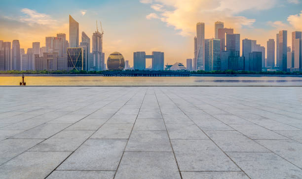 istock Empty Plaza Bricks and Hangzhou Architectural Landscape Skyline 1157934333