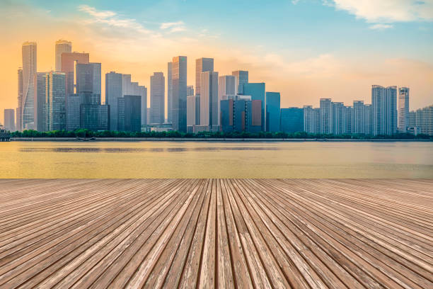istock Empty Plaza Bricks and Hangzhou Architectural Landscape Skyline 1157936144