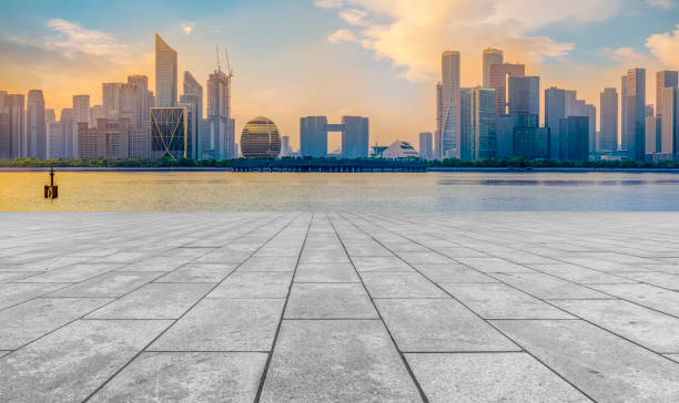 istock Empty Plaza Bricks and Hangzhou Architectural Landscape Skyline 1157937817