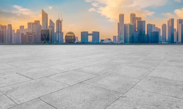 istock Empty Plaza Bricks and Hangzhou Architectural Landscape Skyline 1157938317