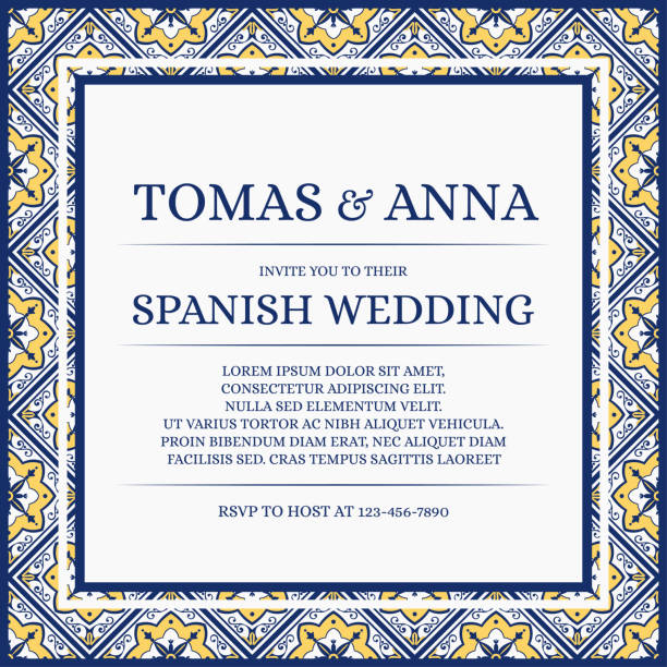 ilustrações de stock, clip art, desenhos animados e ícones de traditional wedding invite card template vector. ethnic tile pattern with white, blue and yellow background. azulejos save the date design or summer invitation party. - greeting card wedding flower anniversary card