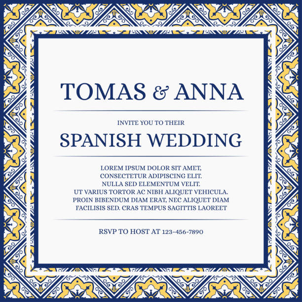 Traditional wedding invite card template vector. Ethnic tile pattern with white, blue and yellow background. Azulejos save the date design or summer invitation party. Traditional wedding invite card template vector. Ethnic tile pattern with white, blue and yellow background. Azulejos save the date design or summer invitation party. traditionally portuguese stock illustrations